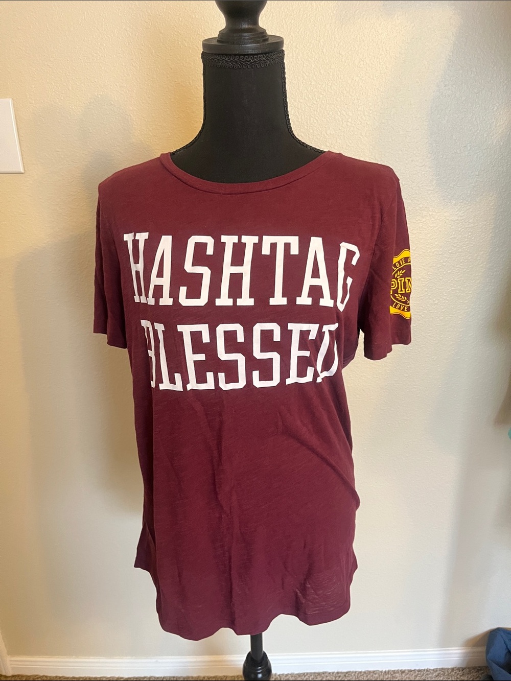 PINK Victoria's Secret Maroon "HASHTAG BLESSED" Tee